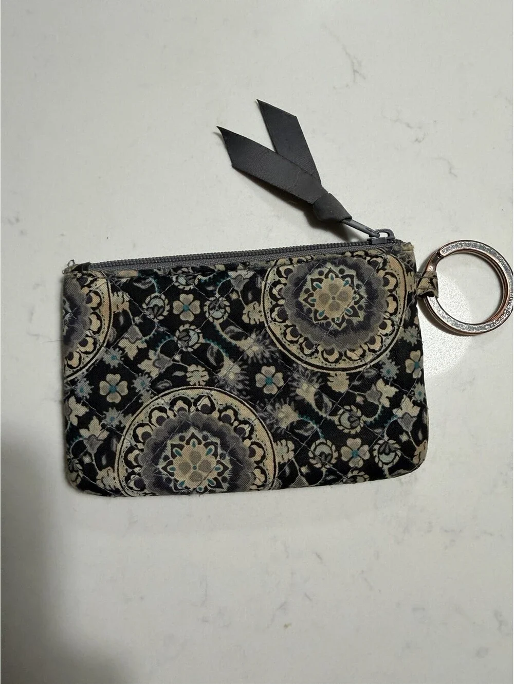 Vera Bradley ID Wallet Gray Navy White Pattern With Teal Accents